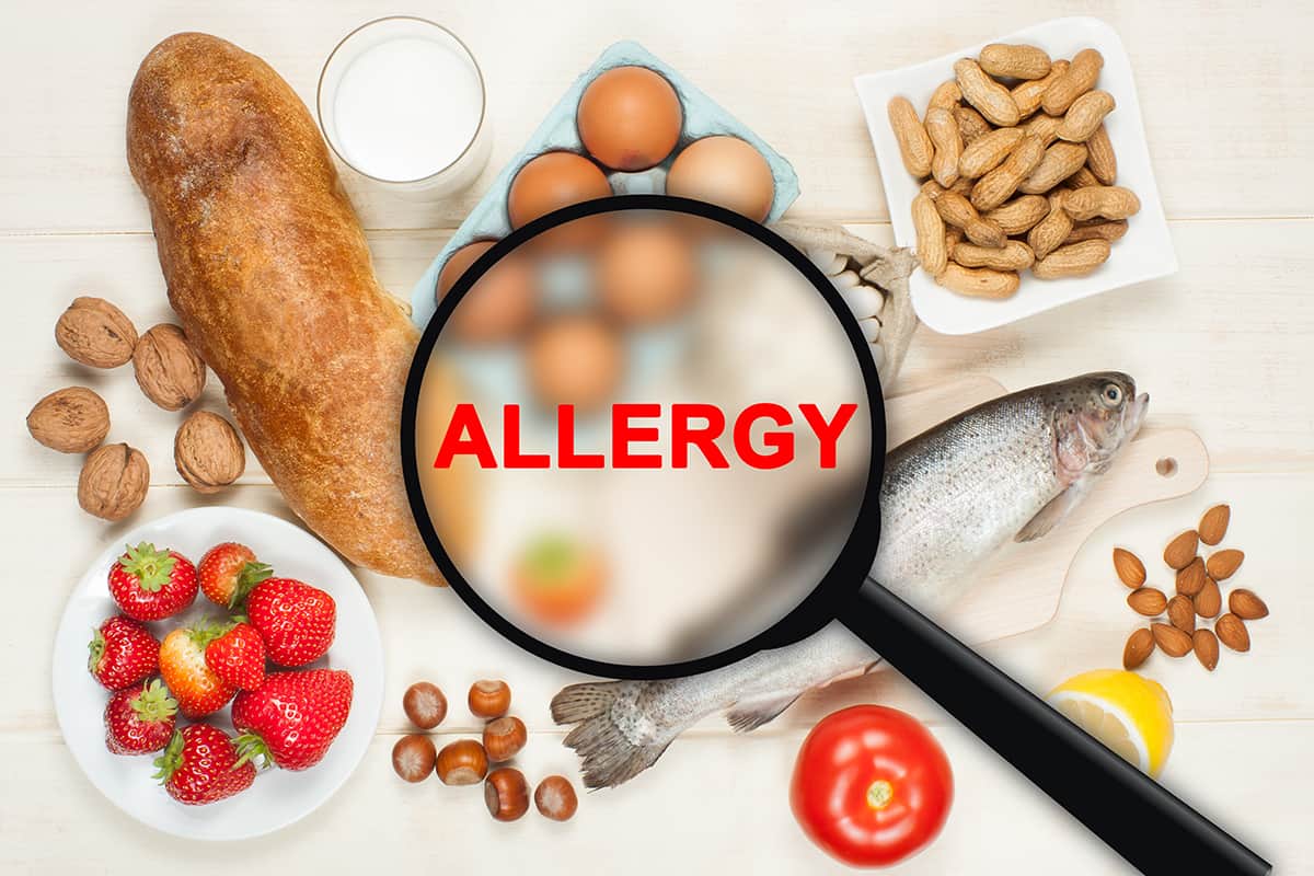 Common allergens, including various nuts, fish, eggs, milk, strawberries, tomatoes, and lemons
